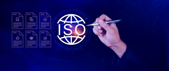 ISO standards quality control, assurance and warranty business technology concept, Touching on screen with quality assurance and document icon for ISO, ISO Standard certification concept.