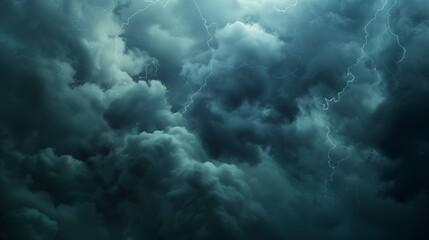 Naklejka premium Dark storm clouds illuminated by lightning, creating an intense atmosphere.