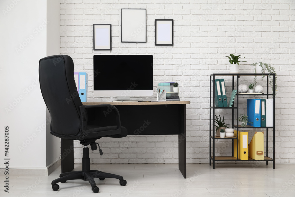 Sticker interior of light office with workplace, armchair, modern computer and shelving unit