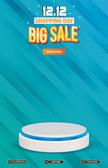 12.12 big sale discount portait template banner with blank space 3d podium for social media post product sale with abstract gradient blue background design68