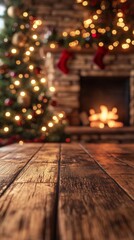 Warm and Merry Christmas Scene with Wooden Table, Blurry Fireplace, and Holiday Lights