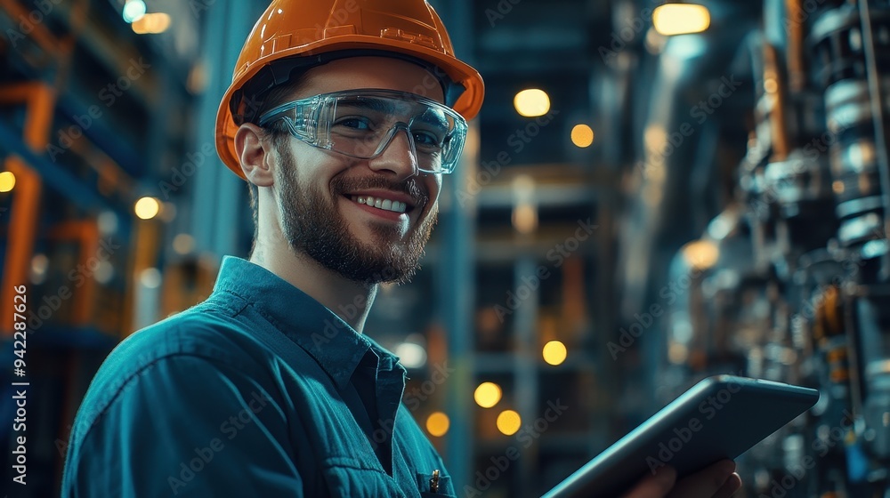 Poster smiling industrial worker holding tablet computer in factory