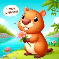 A postcard, a Capybara congratulates. A "happy birthday" greeting card.