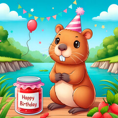 A postcard, a Capybara congratulates. A "happy birthday" greeting card.