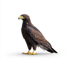Fototapeta premium Side profile of a majestic dark brown eagle standing on a white background, showcasing its detailed feathers and sharp beak.