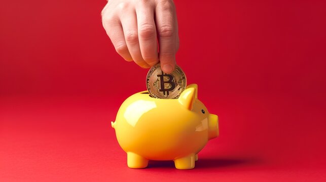 hand putting bitcoin into yellow piggy bank on red background