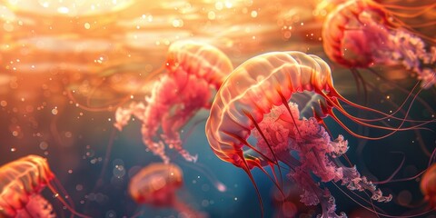 Obraz premium Graceful jellyfish with red and white swirls drifting peacefully in the ocean evoking a serene and tranquil environment