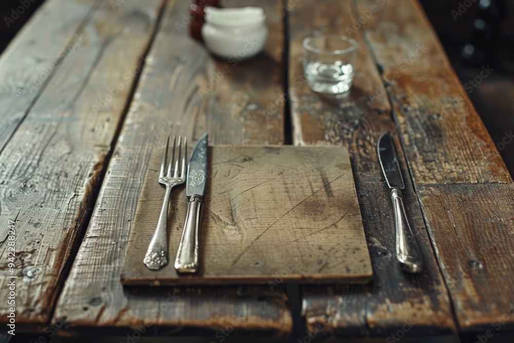 Poster a wooden table set with a knife and fork for a formal dining occasion