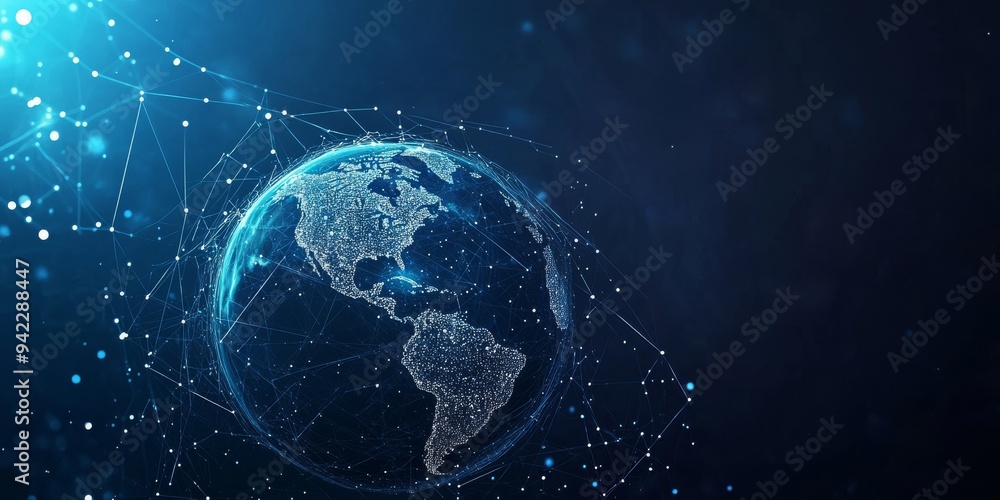 Poster this striking representation illustrates a glowing digital globe interconnected by a network of data