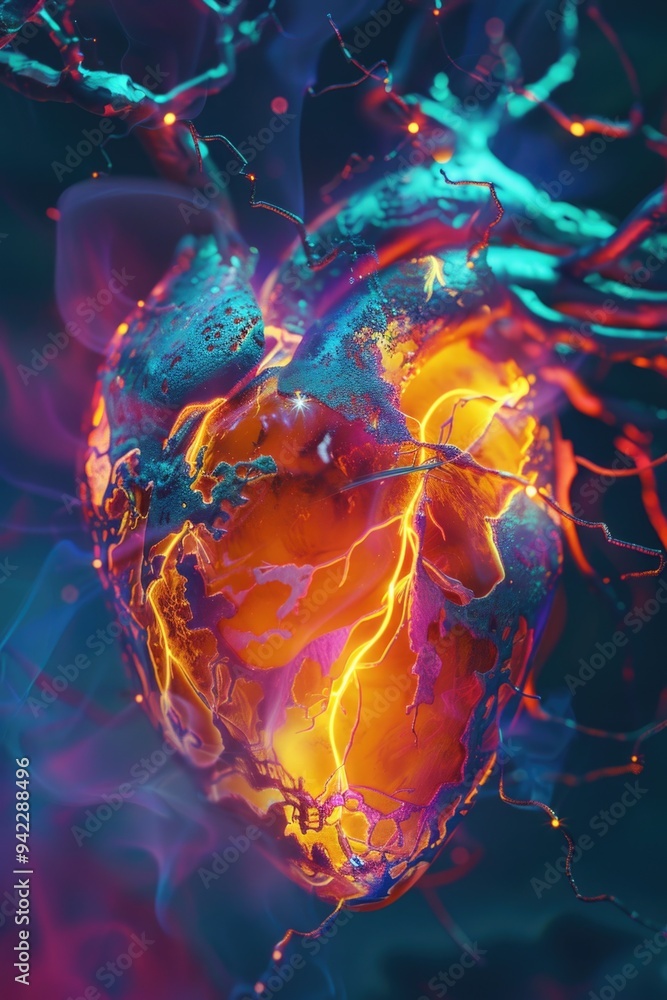 Poster a close-up view of a heart with numerous wires and cables attached, possibly indicating a medical or