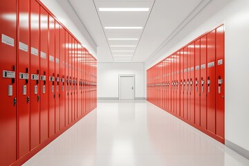 The long hallway features bright red lockers inside a school building