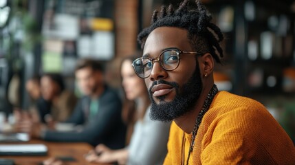 Obraz premium Thoughtful Man With Glasses In Cafe Close Up Portrait