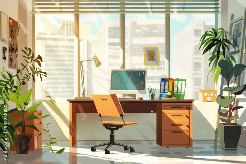 Poster A simple office desk setup with a computer and chair, ideal for remote work or study