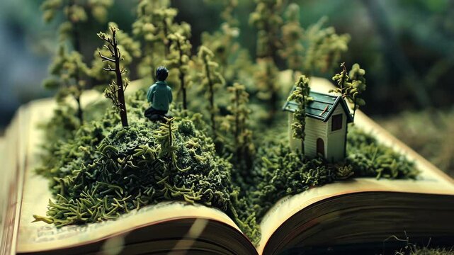 A serene moment unfolds as a tiny figure contemplates amidst lush greenery and a charming house, all beautifully crafted within an open book. Nature and imagination blend seamlessly