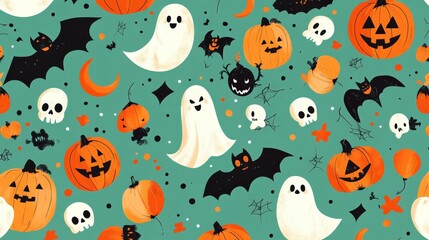 Fototapeta premium A whimsical Halloween-themed pattern featuring ghosts, pumpkins, bats, and skulls.