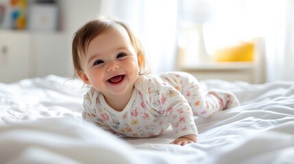 Fototapeta premium A baby smiling on a bed with white sheets and pillows, AI