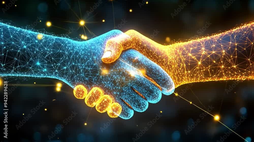 Poster two hands unite in a digital handshake, representing collaboration and unity through interconnected 
