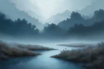 Obraz premium Serene Blue Gray Gradient Ethereal Landscape Backdrop