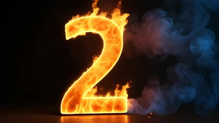 Flames ignite in a striking formation, casting mesmerizing light as they transform the number two into a captivating visual spectacle against a dark backdrop