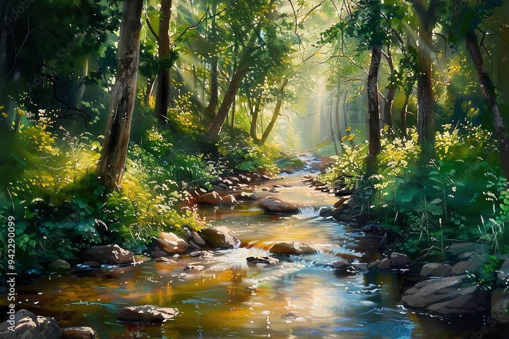 Poster a painting of a river with trees and rocks. generative ai.