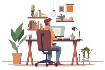 Man doing home office as a freelancer professional. Desk decorated with plants and books