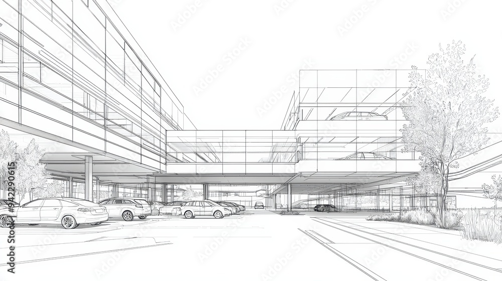 Poster modern architecture sketch with cars and trees
