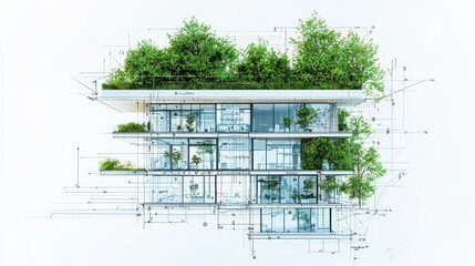 Modern Building Design Blueprint with Green Roof and Trees
