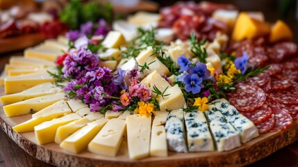Fototapeta premium A stunning plate of sliced cheeses, herbs, and edible flowers invites indulgence alongside cured meats.