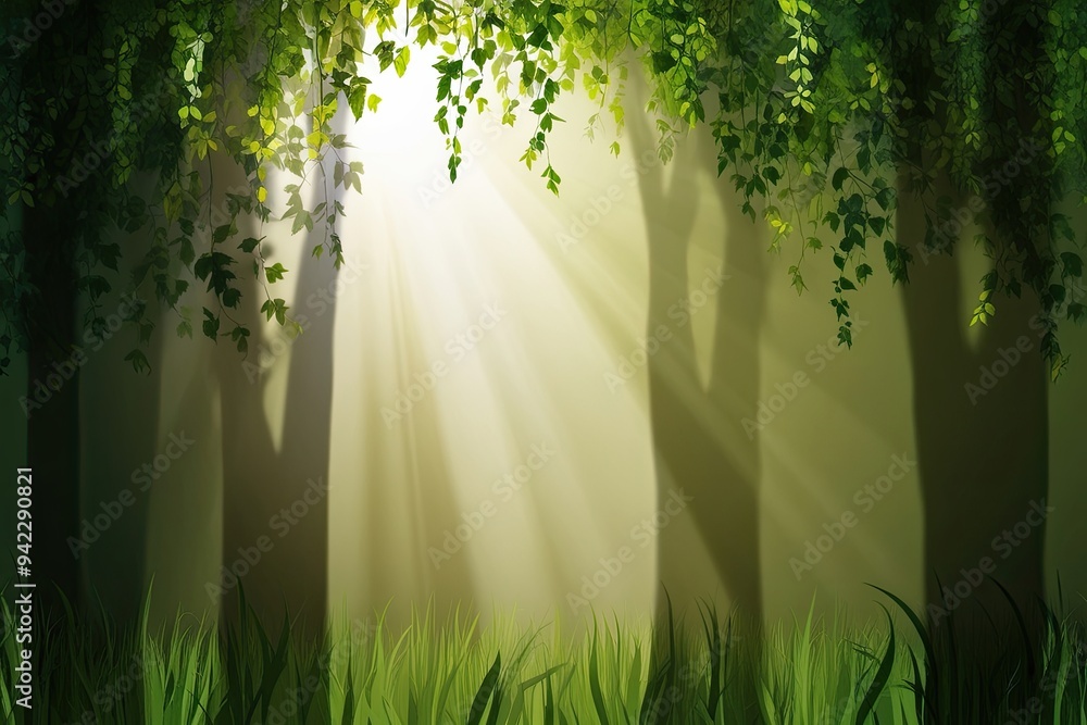 Poster enchanting shadow overlay design featuring soft sunlight filtering through lush leafy canopies