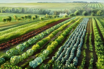 Fototapeta premium Drone view of crop rotation patterns, showcasing sustainable farming practices.