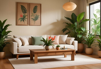 A modern living room with a beige sofa