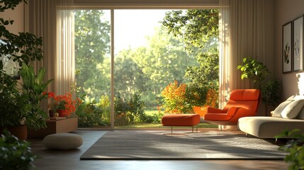 Modern Living Room Interior Design with Large Window and Garden View