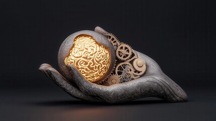 Gears and cogs forming the shape of a human hand holding a glowing orb, representing the mechanics of creativity, Steampunk, Digital art, Bronze and gold, High contrast