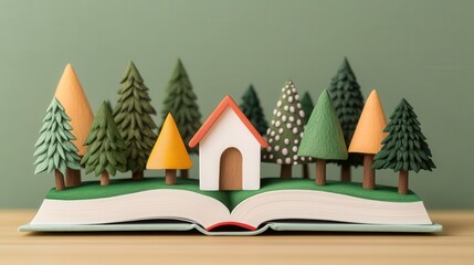 Fototapeta premium Adventure in a book flat design, top view, magical forest theme, cartoon drawing, colored pastel