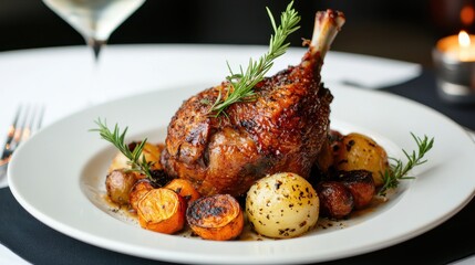 Roasted Chicken Leg with Rosemary and Roasted Vegetables on a White Plate