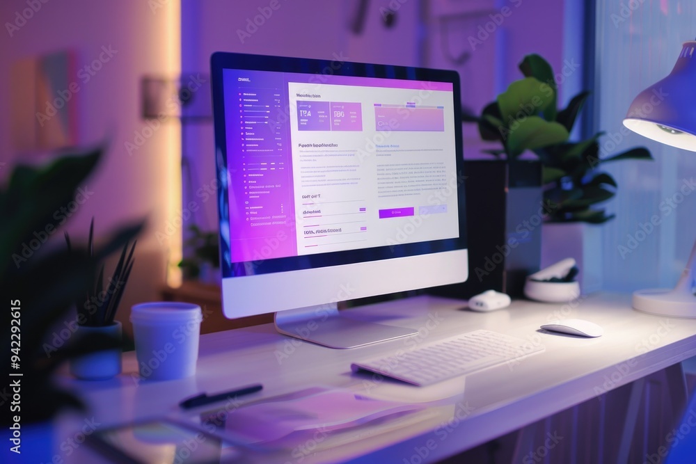Poster a computer monitor placed on a simple white desk, ideal for business or office use
