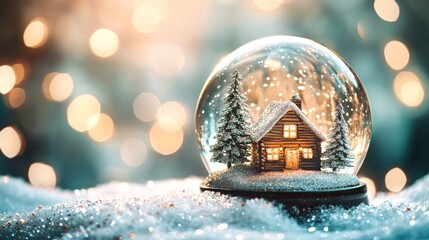 A charming snow globe captures a cozy house surrounded by pine trees. The warm light from the windows contrasts with falling snowflakes. Ideal for holiday themes and winter decor. AI