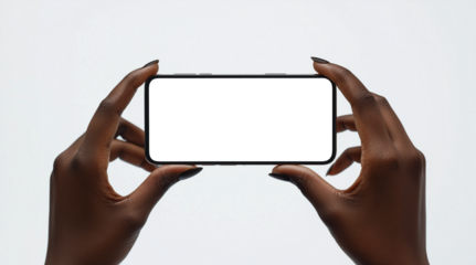 mokcup, close-up photograph of hands holding a smartphone horizontally with white background. transparent screen. png mokcup. png image