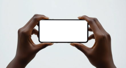 mokcup, close-up photograph of hands holding a smartphone horizontally with white background. transparent screen. png mokcup. png image