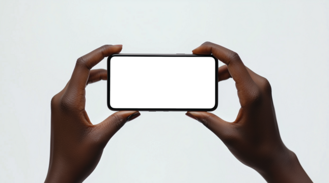 mokcup, close-up photograph of hands holding a smartphone horizontally with white background. transparent screen. png mokcup. png image
