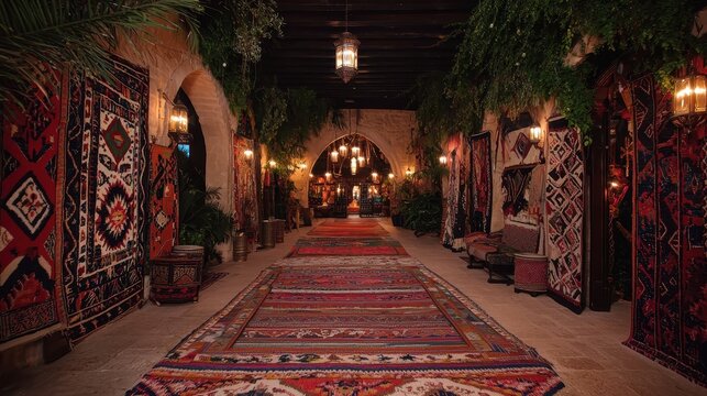 Ornate Persian Rugs and Lanterns in a Dark Interior Hallway