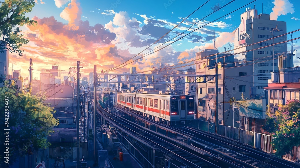 Sticker anime city landscape with train