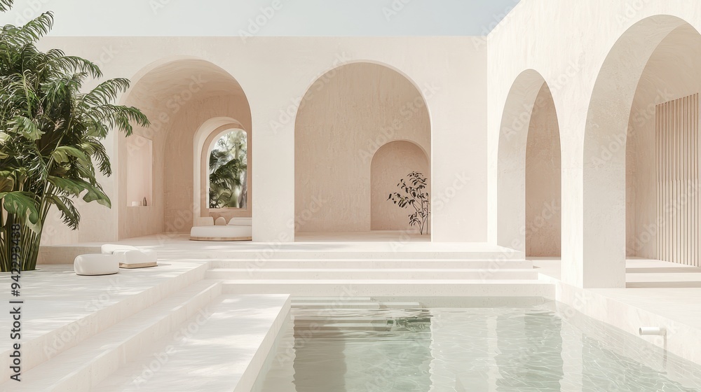 Poster minimalist modern architecture with pool and arches