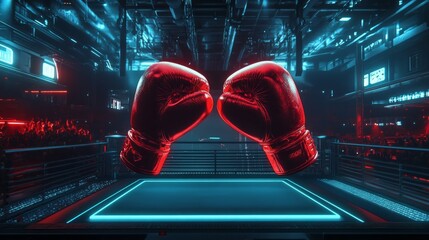 A striking image of red boxing gloves facing each other in a futuristic ring. The vibrant lighting creates an electrifying atmosphere. Perfect for sports enthusiasts and gamers. AI