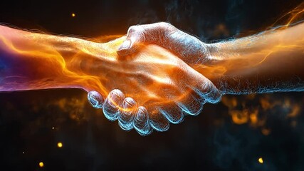 Hands clasp in a firm shake, radiating fiery and icy energies, symbolizing partnership and harmony in a dynamic setting.