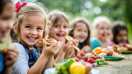 A group of children eating food at a picnic table, AI