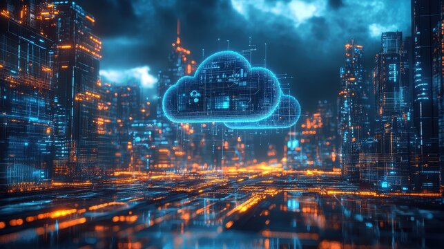 Futuristic Cityscape with Cloud Computing Symbol