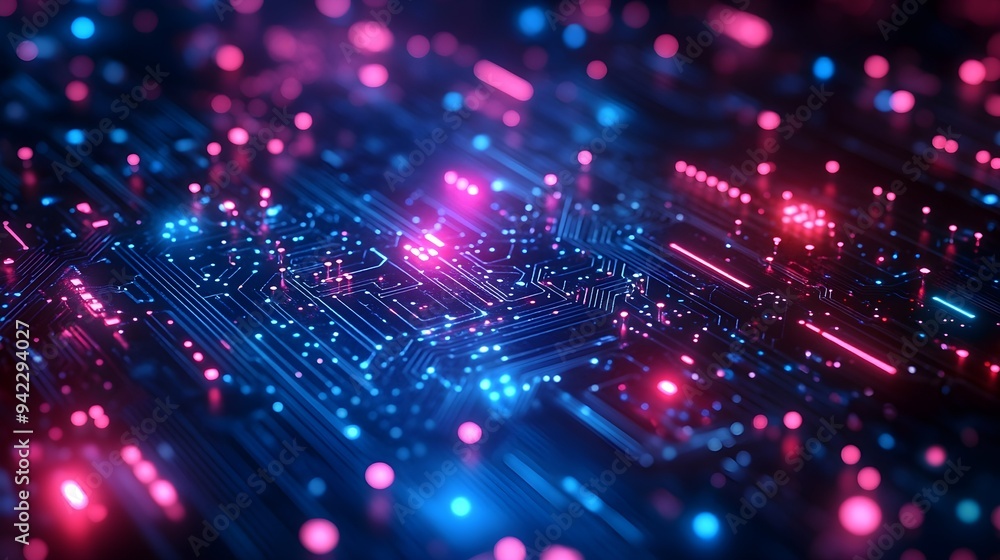 Poster abstract circuit board with neon lights - futuristic tech background