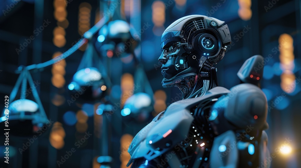 Poster a robot standing near some lights, possibly charging or interacting with them