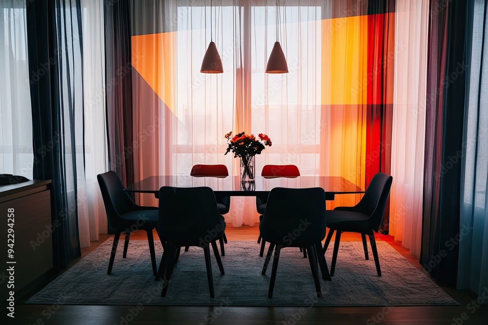 Poster crisp shadow overlay effect on bright background with sharp lighting and sheer curtain in dining roo